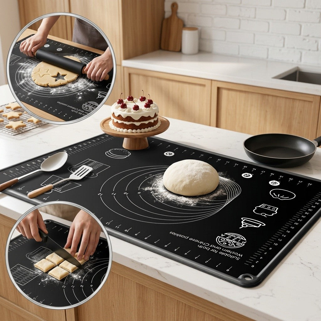 Extra-Thick Silicone Pastry Mat, Non-slip Silicone Baking Mat, Reusable Dough Rolling Mats with Measurements, Perfect for Baking, Pizza & Cake Dough, Odor-Free with Natural Dye, Silicone Mat for Dough, Baking Mat Extra Thick, Dough Mat