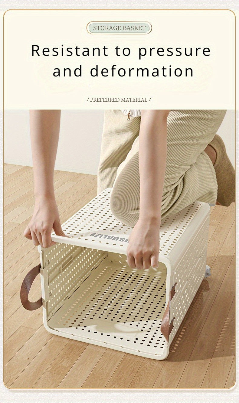 Ventilated Laundry Basket with Wheels, Foldable Plastic Clothes Hamper with Faux Leather Handles in White or Cream, M L XL for Bedroom and Bathroom Storage