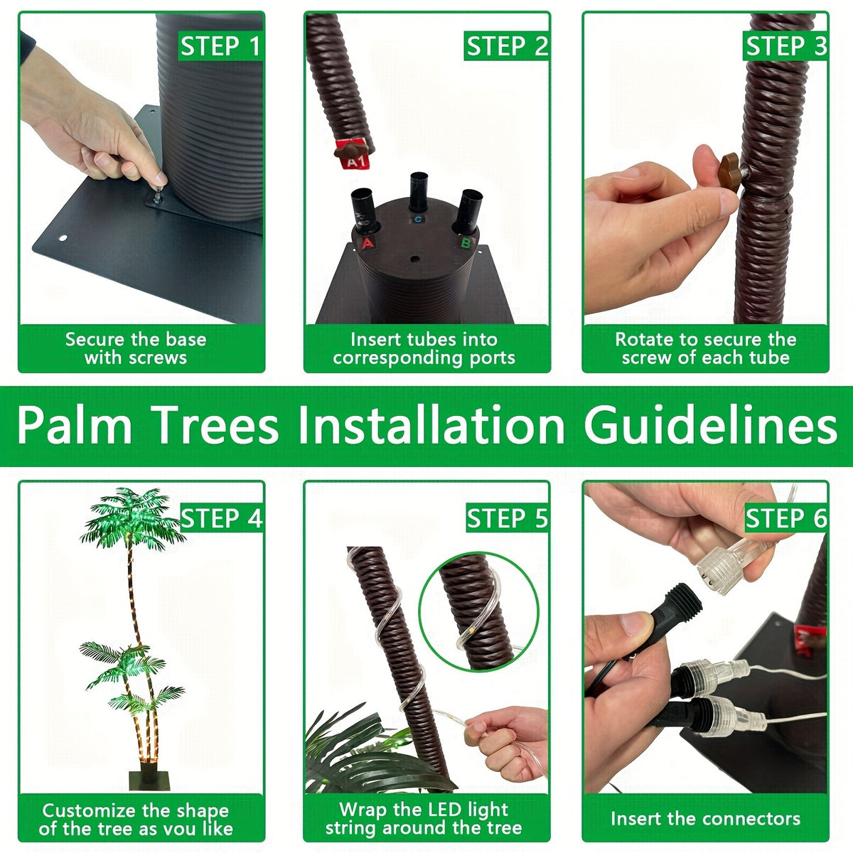 Triple Trunk Solar Palm Tree with Lights, 7 ft Artificial Tropical Decor with 260 LEDs, Eight Lighting Modes and Dimming for Patios and Tiki Parties