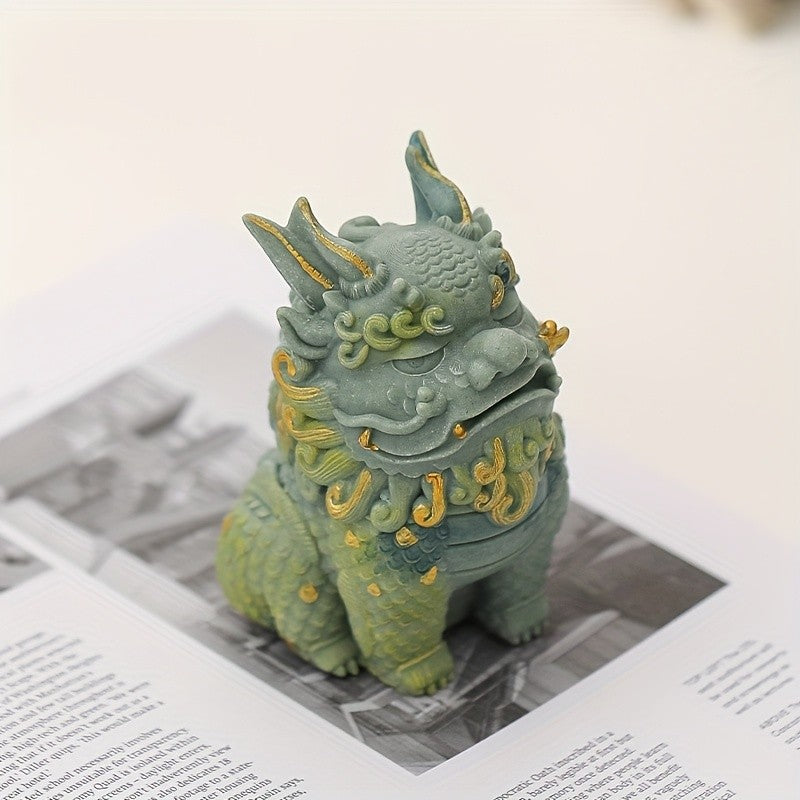 Pixiu Statue with Golden Floral Details, Single Stone Mythical Creature Figurine in Sand, Gray or White for Home Office Tabletop and Cabinet Decor