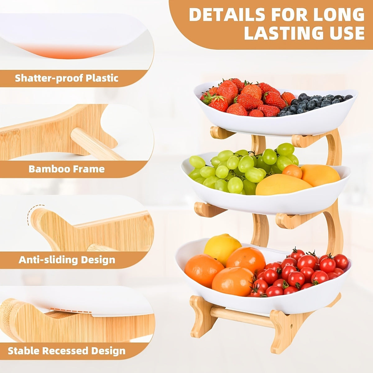 Tiered Fruit Basket with Bamboo Wood Stand, 3-Level Countertop Organizer for Kitchen Fruit, Dried Snacks and Candy Display in Green or White