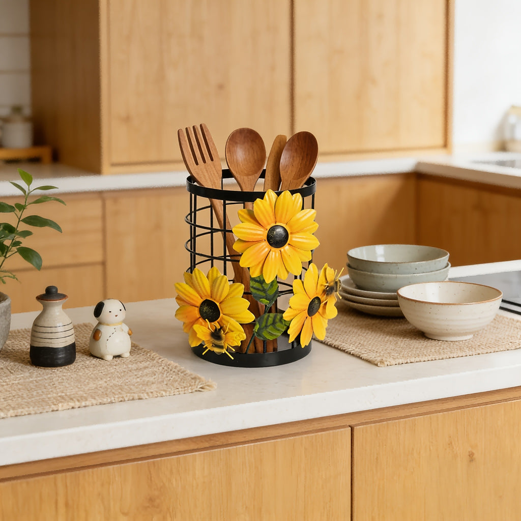 Sunflower Flatware Storage Basket - Open Kitchen Countertop Organizer, Home Storage & Decor, Housewarming Gift Must-Have, Stylish & Functional Present