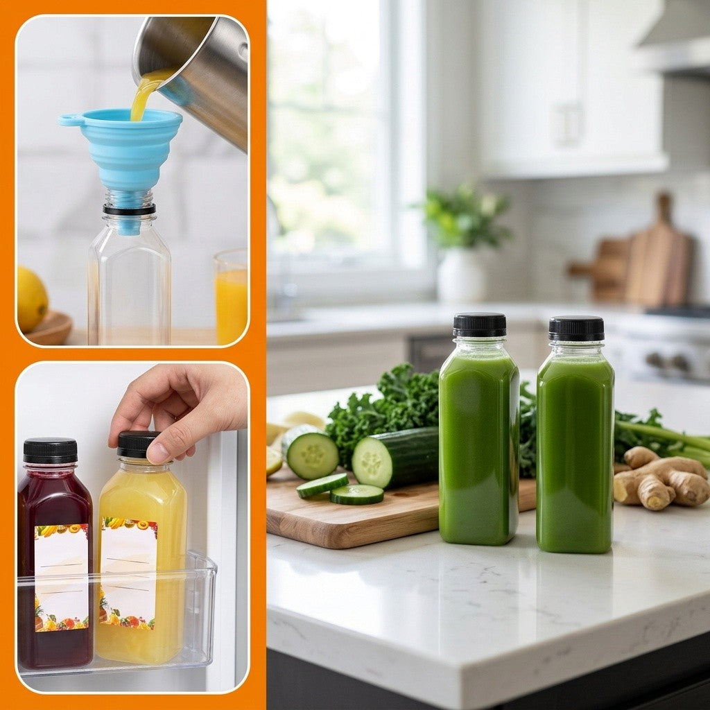 Of 127/140/141/199 Empty Plastic Bottles, Party Cups, with Tamper-Proof Black Caps, 1 Rubber Funnel&1 Sponge Brush(Random Color), 12Oz/16Oz Empty Plastic Juice Bottles with Caps, Bulk Clear Beverage Containers for Juicing, Drinking, Other Beverages