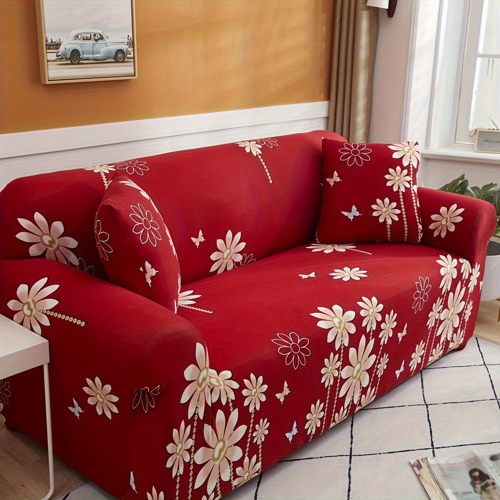 Modern Stretch Full-Size Sofa Cover - High-Stretch Polyester Blend, Non-Slip & Machine Washable, Digital Print Telescopic Fit for 1-4 Seater Sofas, Home & Office Dual-Use, Contemporary Style, Furniture Protector, Floral Pattern, Snug Elastic, Furniture Sl