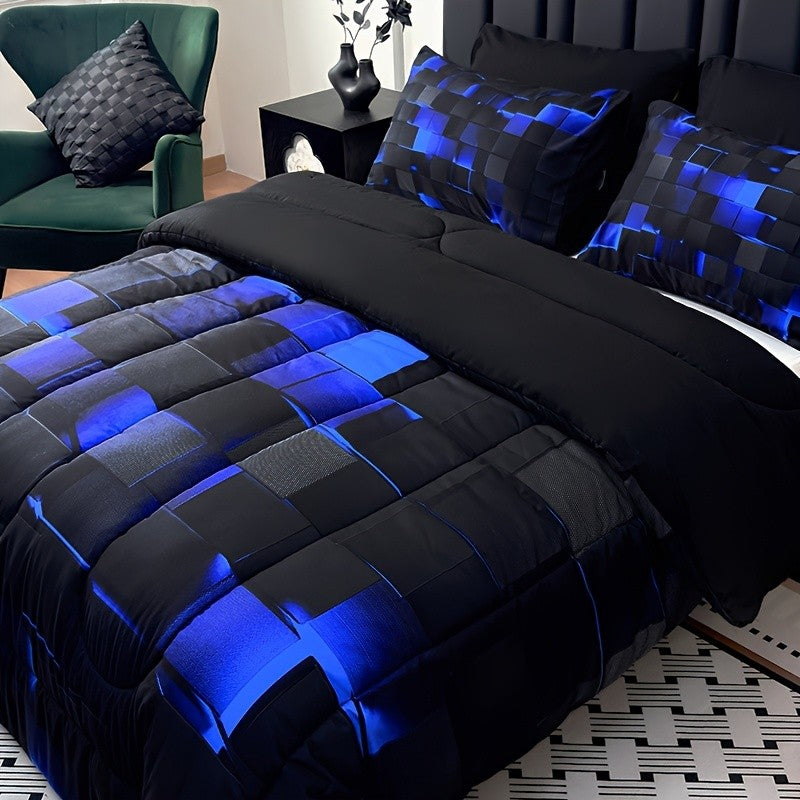 2D Flat Tog 4 3pcs Super Soft Fashion Sense Of Technology Grid Thickening Quilt Set (1 Comforter +2 Pillowcases Without Pillow Core), Contains Padding 180Gsm Quilting Soft Ventilate Digital Printing Bedroom Dormitory At Home Perfect Halloween Gift