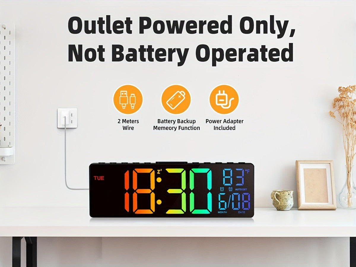 10.5 Inch Large Digital Wall Clock with Dual Alarms, Night Light, Large LED Screen Display, 8 RGB Colors, Auto DST, Temperature, Brightness Adjustment for Living Room, Bedroom, Kitchen Elderly Gift