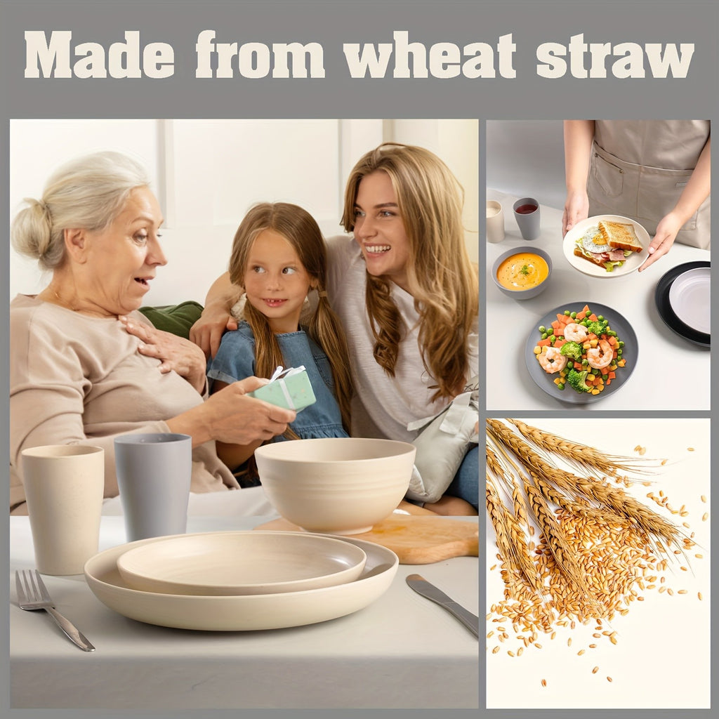 16/32pcs Kitchen Plastic Wheat Straw Tableware Set, 4/8 People, Plates, Dessert Plates, Cereal Bowls, Cups, Unbreakable, Lightweight Shatterproof for Camping/Daily Use/Parties/Weddings, Gift for Halloween/Christmas, Local Warehouse Item