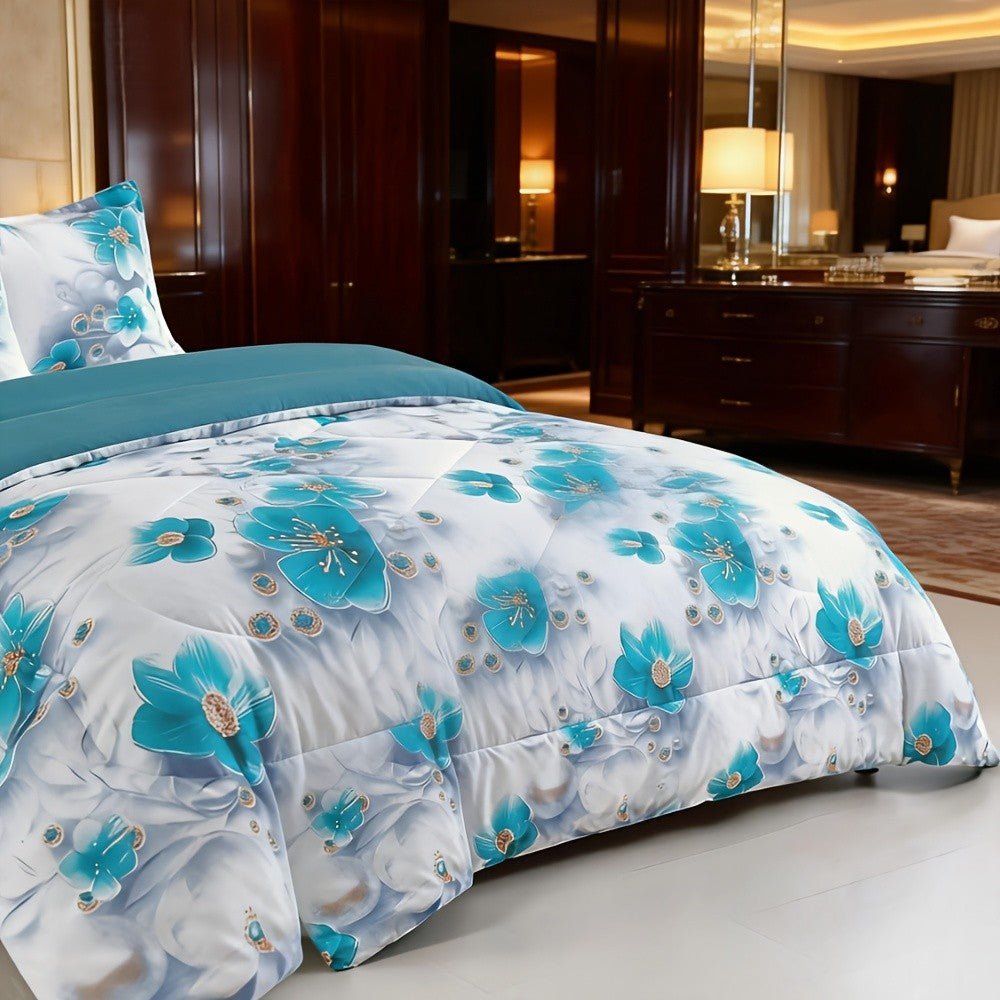 2/3pcs Teal Floral Bedding Comforter Set | Gradient Tones Oil Painting Style, Elegant Botanical Floral, Twin/Queen/King, Upgraded Luxury Quilt Set for All-Season, Bed in A Bag, Home Decor, Soft, Lightweight, Breathable, Microfiber, Ideal Family Gift