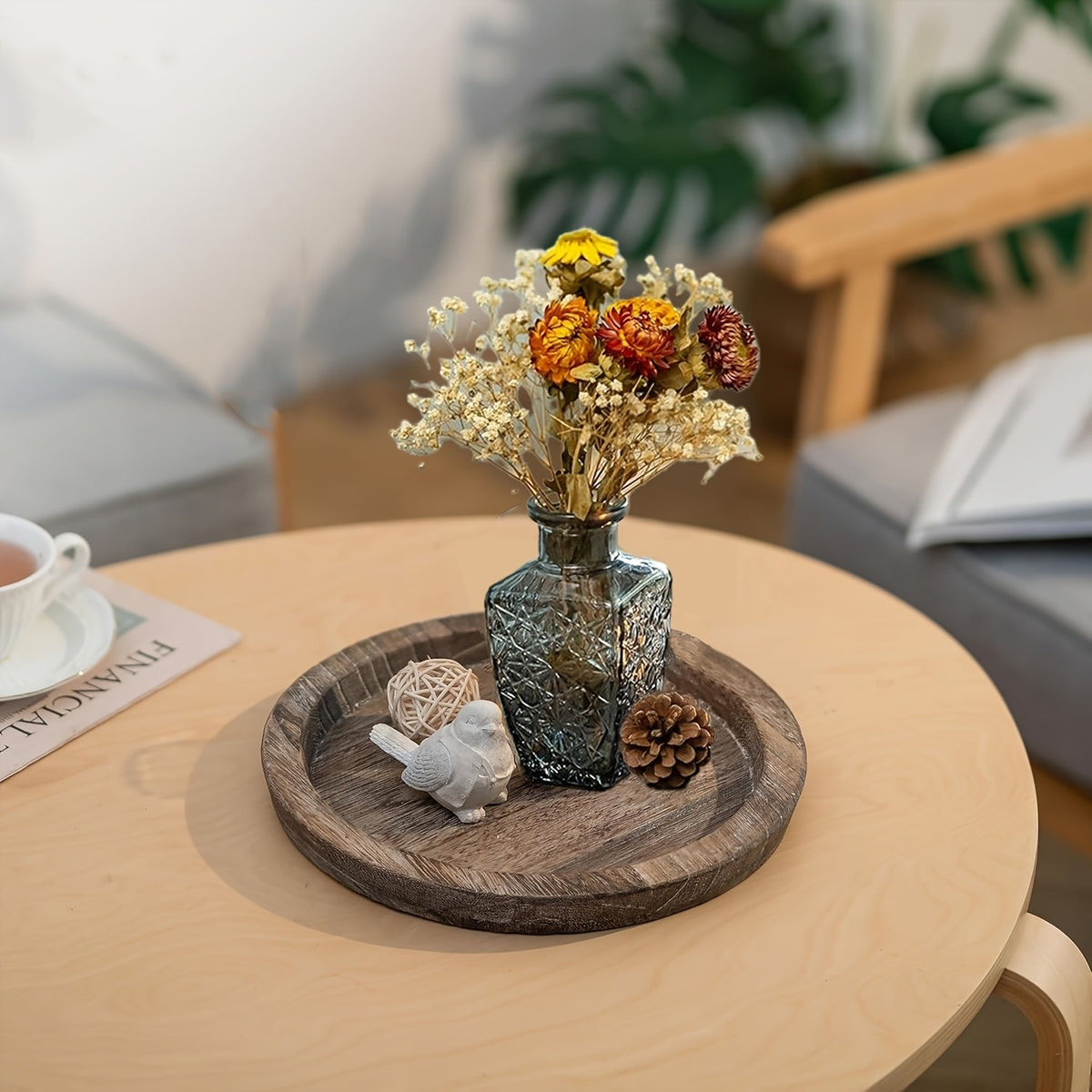 Round Wooden Decor Tray, Charcoal Distressed Farmhouse Display Base for Coffee Tables, Kitchen Counters and Seasonal Accents, Non-Food Contact