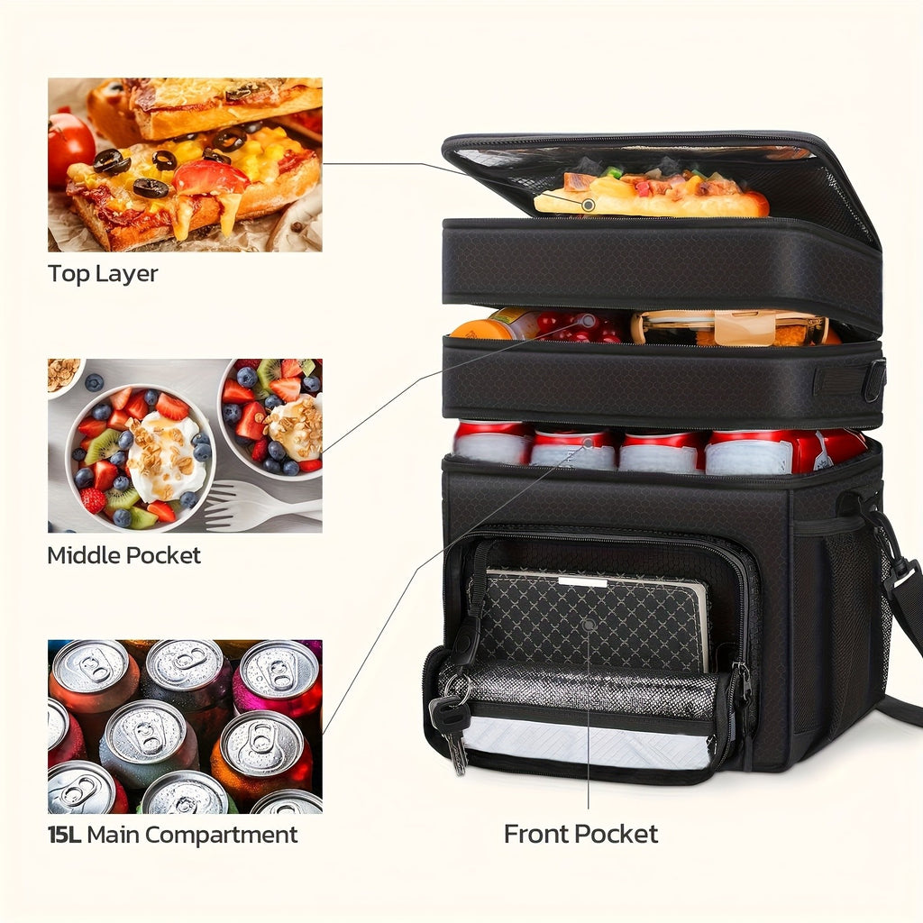 Insulated Leakproof Lunch Cooler Bag for Men & Women - Durable Polyester Square Lunch Tote with Multiple Compartments, Front Pocket & Side Mesh Pockets, Food-Safe Hand Washable for Office, Picnics, Outdoor Activities, Insulated Lunch Bag, Meal Prep Storag