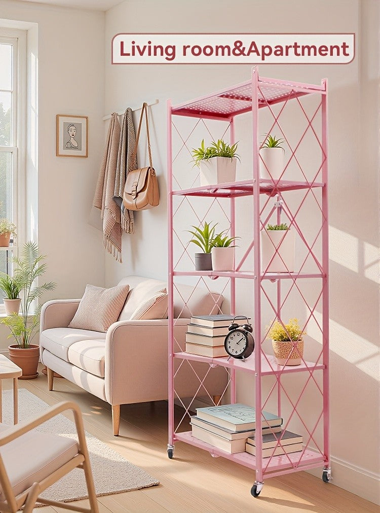 No-Assembly Rolling Storage Rack, 3 4 or 5 Tier Folding Metal Shelves with Locking Wheels in Pink, Green, Black or White for Kitchen and Dorm Organization