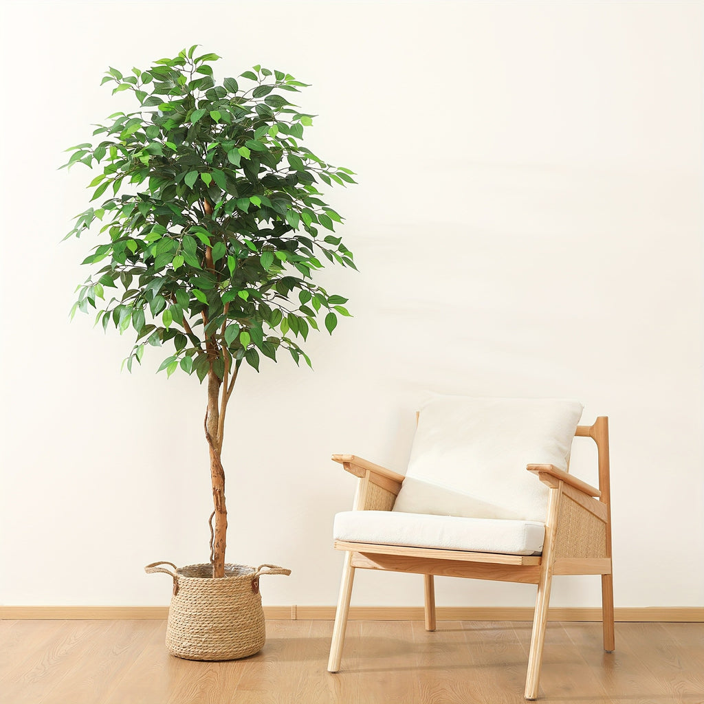Tall Artificial Ficus Tree - Fake Greenery Potted Plant with Natural Wood Trunk And Lifelike Leaves-Elegant Indoor Outdoor Living Room Home Decor