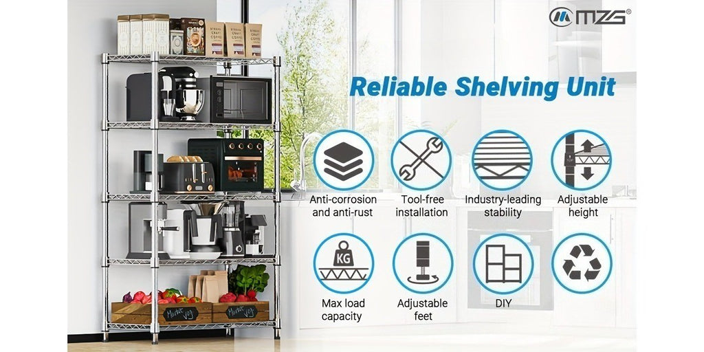 Steel Utility Shelving Unit, Adjustable 4 or 5 Tier Metal Storage Rack with Tool-Free Assembly in Black or Chrome for Garage, Pantry, Kitchen and Workshop