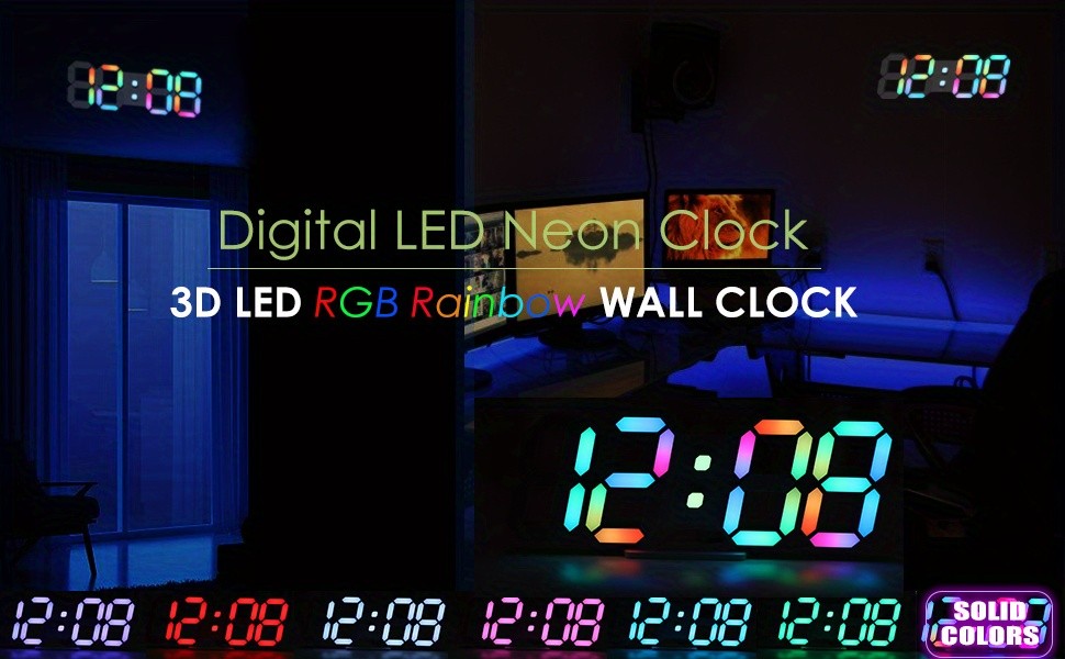1pc RGB Neon LED Clock 9. 7" Digital Wall Clock Large Display Aesthetic Alarm Clock for Bedroom Living Room, Colorful, Remote Control, Adjustable Brightness, Date/Temperature