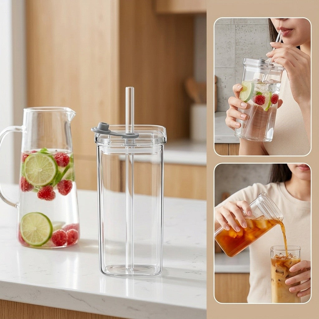 4 Packs/6 Packs, Glass Water Cup, High Borosilicate Glass with Lid And Straw, Women's Korean Square Lid, Transparent, Simple Flat Bottom, Heated Household Coffee Cup, Juice Cup