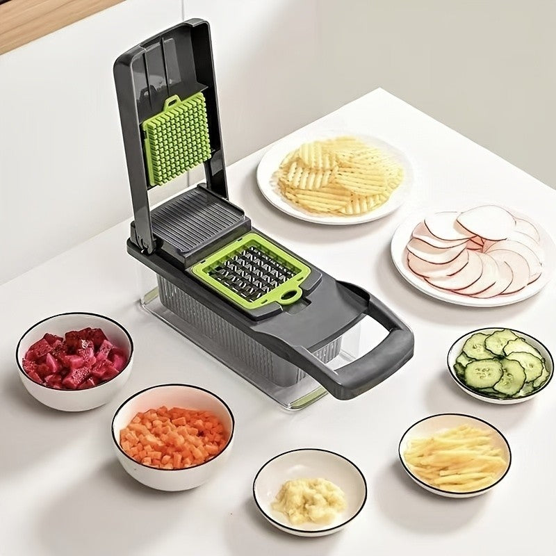 14-in-1 Multifunctional Vegetable Chopper with Large Capacity Collector | Stainless Steel Blades, Manual Operation, Includes Egg Separator, Easy to Clean, Ideal for Dicing, Slicing, and Grating Vegetables and Fruits