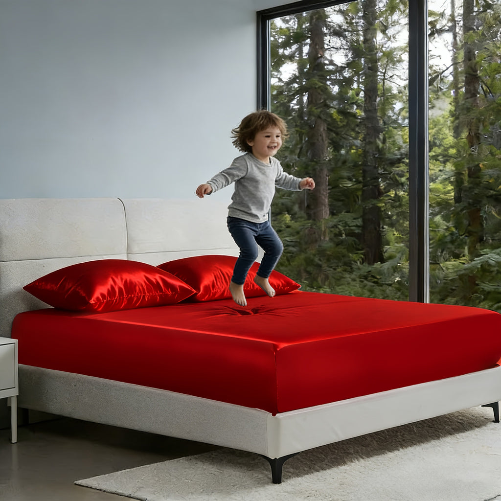 Luxury Satin Fitted Sheet, Fitted Sheet+Pillowcase, Queen Sheet, Cooling, Smooth, Breathable, Wrinkle-Resistant, Machine Washable, Easy Care Ultra Soft for Hot Sleepers Child, Children, Adults, Hotels, Apartments, Wedding Gifts-3000TC Random Color