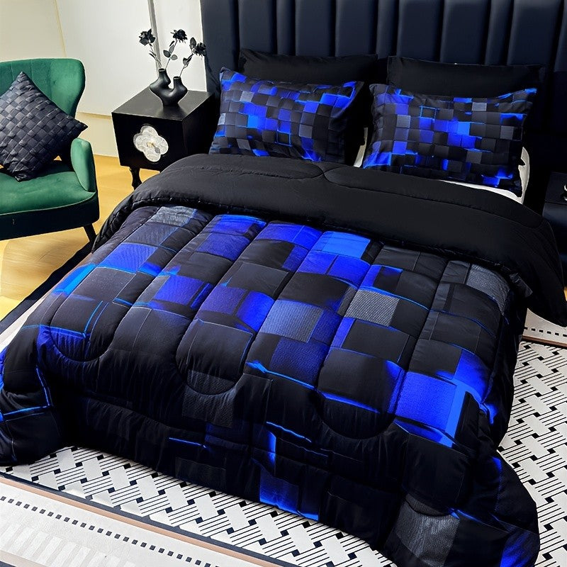 2D Flat Tog 4 3pcs Super Soft Fashion Sense Of Technology Grid Thickening Quilt Set (1 Comforter +2 Pillowcases Without Pillow Core), Contains Padding 180Gsm Quilting Soft Ventilate Digital Printing Bedroom Dormitory At Home Perfect Halloween Gift