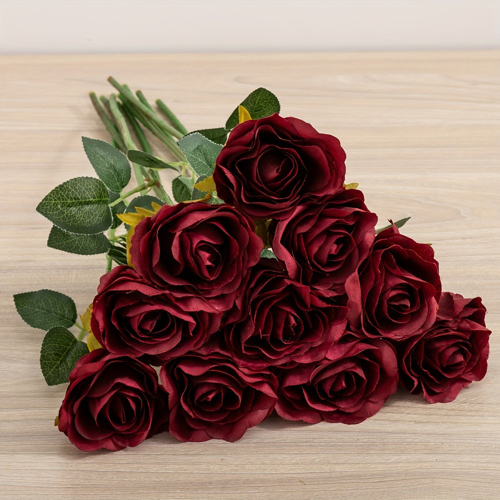 10pcs Artificial Velvet Rose Burgundy Red Flowers Fake Roses with Long Stems for Valentine's Day & Wedding Bouquets Centerpieces Bridal Shower Party Decorations