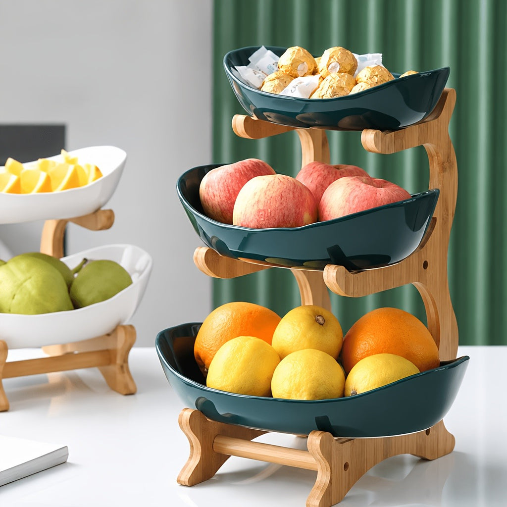 A Creative Two-Layer/Three-Layer Kitchen Fruit Basket, Large-Capacity Layered Fruit Basket, European-Style Dried Fruit Plate, Bamboo And Wood Frame, Household Snack Plate, Candy Tray, Fruit Basket, Bamboo And Wood