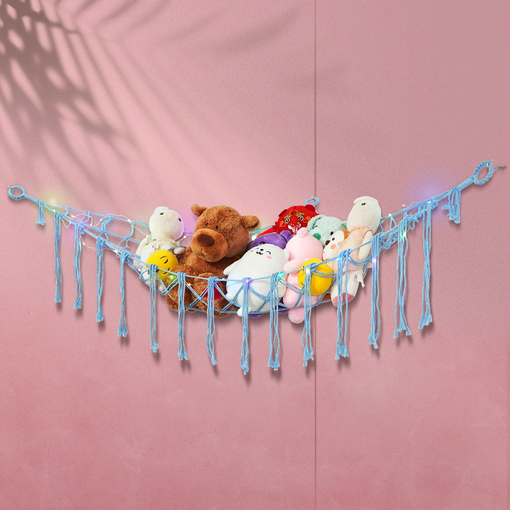 Stuffed Animal Storage Hammock with Lights, Polyester Corner Hanging Plush Toy Net with 3 Hooks in Pink, Blue, White or Black for Bedroom Organization