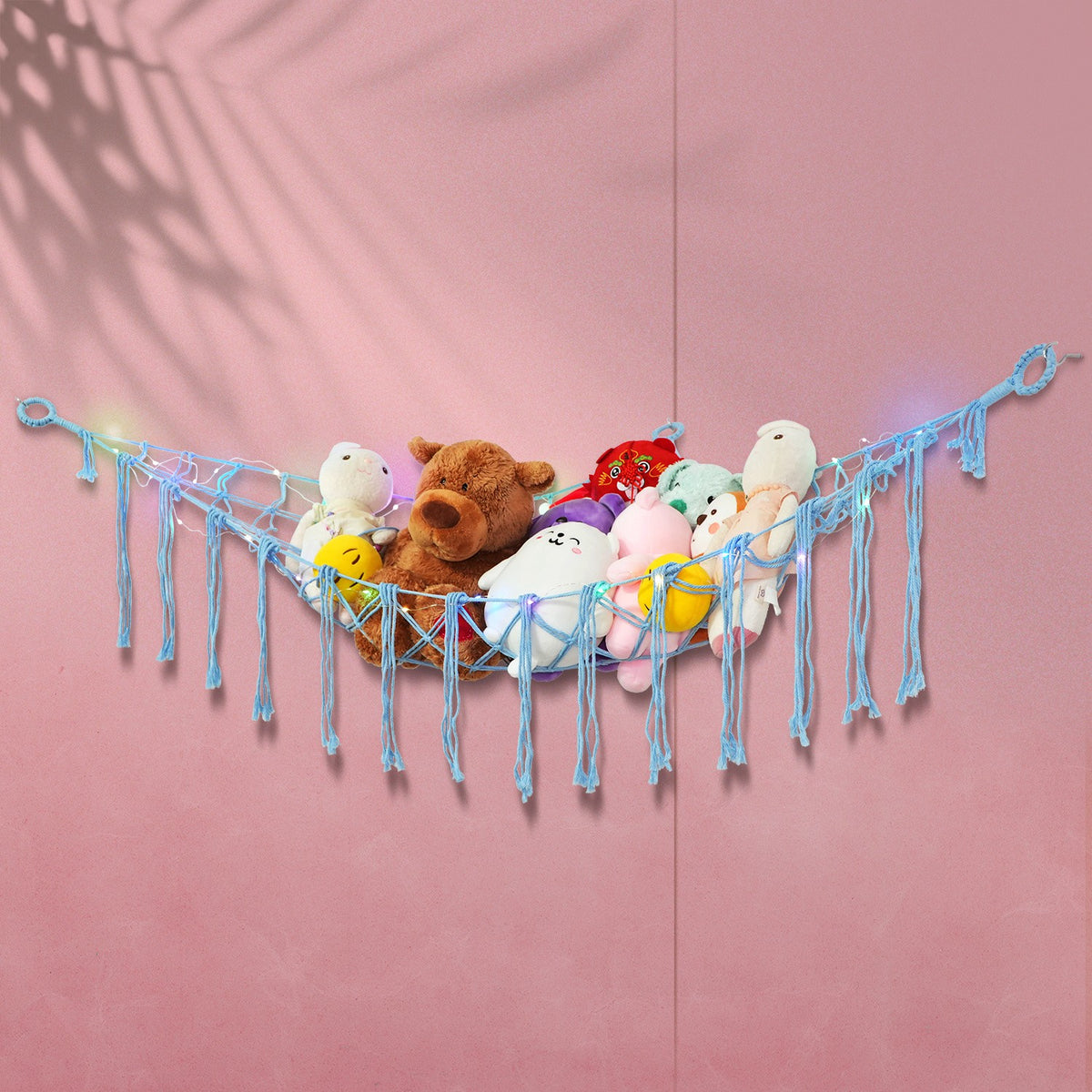 Stuffed Animal Storage Hammock with Lights, Polyester Corner Hanging Plush Toy Net with 3 Hooks in Pink, Blue, White or Black for Bedroom Organization
