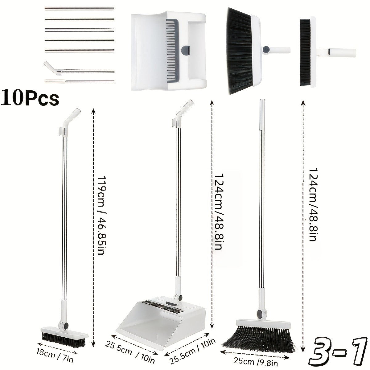 Upright Broom and Dustpan Combo with Long Handle, Comb Teeth Dustpan and Listed Garbage Bag Holder for Kitchen, Balcony, Patio and Garage Cleanup