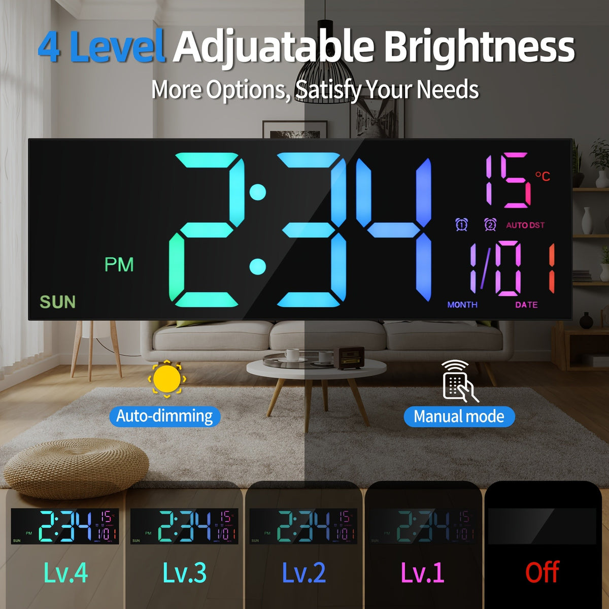 16.5'' Large Digital Wall Clock with Remote Control, Big LED/2 Alarms/8 RGB/Auto Brightness/Date/Auto DST/Temperature/Ambient Light/Dimming/Timer, Gym Clocks for Living Room, Bedroom, Office, Kitchen Home Decor, Easter Decorations, Mother's Day Gifts