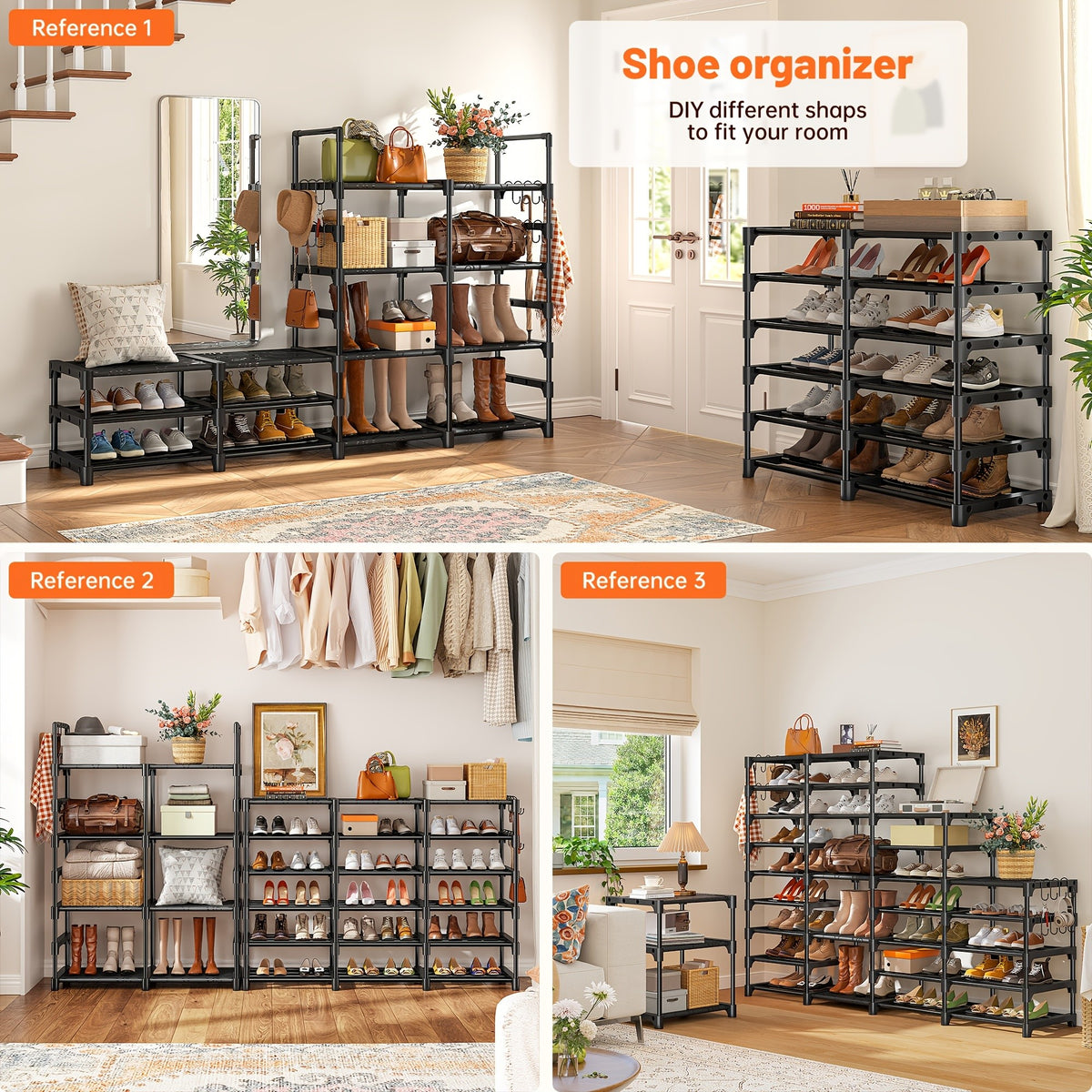 Large Capacity Metal Shoe Rack, Black Shoe Rack Organizer, Boots Storage Rack, 4 Rows 6 Tier & 4 Rows 9 Tier Shoes Rack | Heavy Duty Storage Shelf |Holds 45-72 Pairs Of Shoes|Stable And Durable, Easy to Assemble for Living Room, Bedroom, Dormitory
