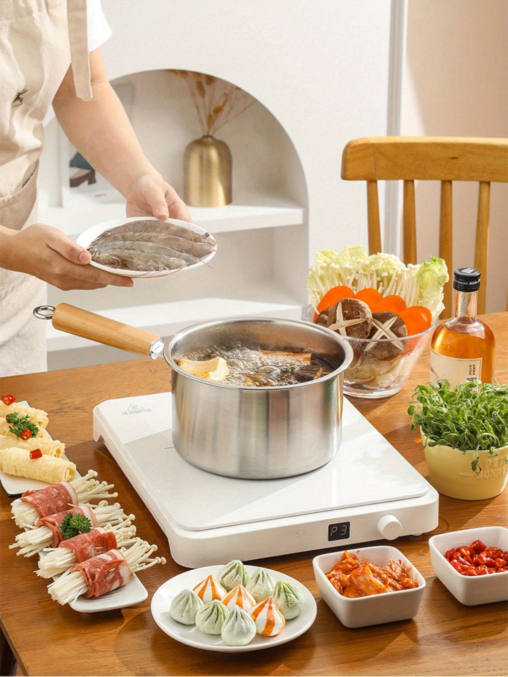 A Versatile Cookware Collection Made of Stainless Steel, Featuring a Frying Basket And a Glass Lid - Includes a Non-Stick Frying Pan, Deep Fryer, Pasta Pot, Milk Saucepan, And Food Steamer, Compatible with Both Induction And Gas Stoves