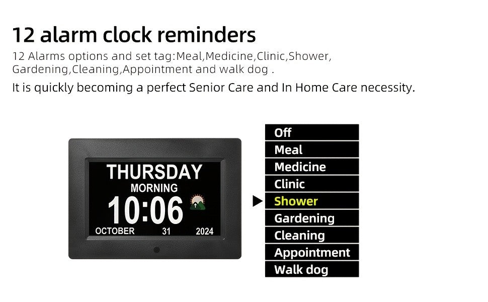 Digital Calendar Day Alarm Clock, Auto Dimmable And Sun Moon Icons, 12 Alarm Options & 18Languages, Large Digital Wall Clock, Gifts for Alzheimers, Elderly, Seniors Or Impaired Vision