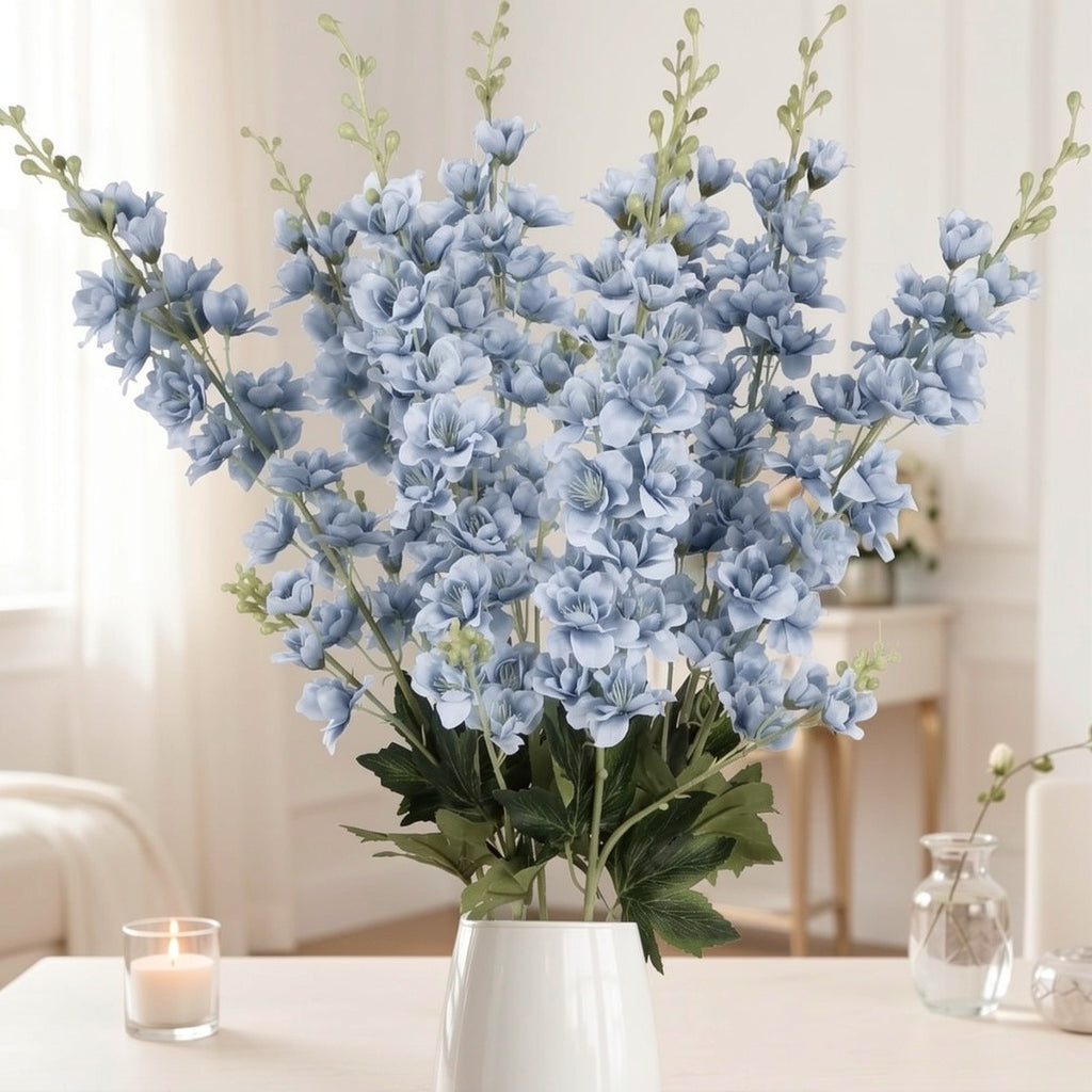 8pcs Dusty Blue Delphinium Artificial Flowers 33.5 Inch Faux Delphinium Stems Larkspur Flowers for Wedding Table Centerpieces Home Garden Decor