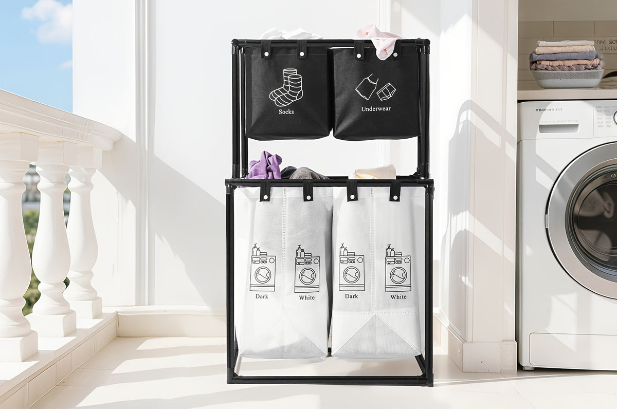 2 Compartment Laundry Hamper (No Wheels) - 2 Tier Laundry Sorter With Handles - Sturdy Metal Frame & Breathable Mesh Bags - Space Saving Clothes Organizer For Home, Apartment, Add 10 Cable Ties For Securing, Dirty Laundry Basket, Laundry Baskets
