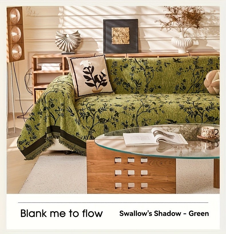 Floral Chenille Sofa Throw, Thickened Non-Slip Couch Cover with Flowers and Plants Pattern in Three Colors and Four Sizes for Living Room Decor
