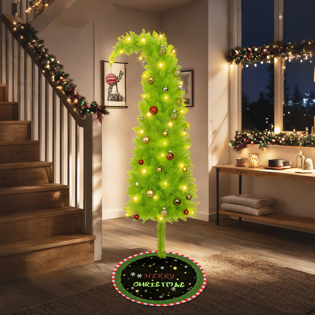 Bendable Christmas Tree, 6-Foot Green Artificial Holiday Tree with Curved Top, Stand, Tree Skirt, String Lights and Christmas Ball for Home and Shop Displays