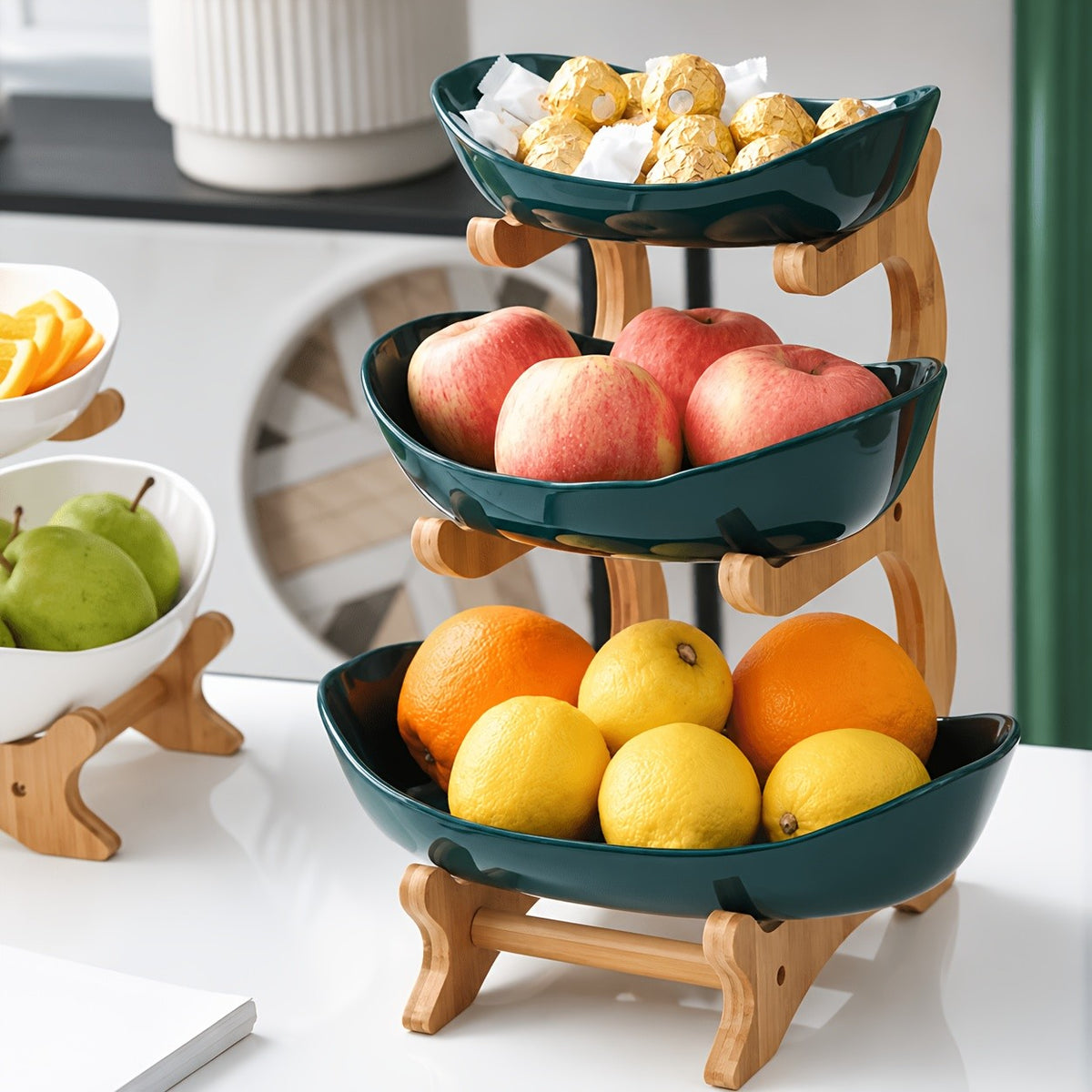 A Creative Two-Layer/Three-Layer Kitchen Fruit Basket, Large-Capacity Layered Fruit Basket, European-Style Dried Fruit Plate, Bamboo And Wood Frame, Household Snack Plate, Candy Tray, Fruit Basket, Bamboo And Wood
