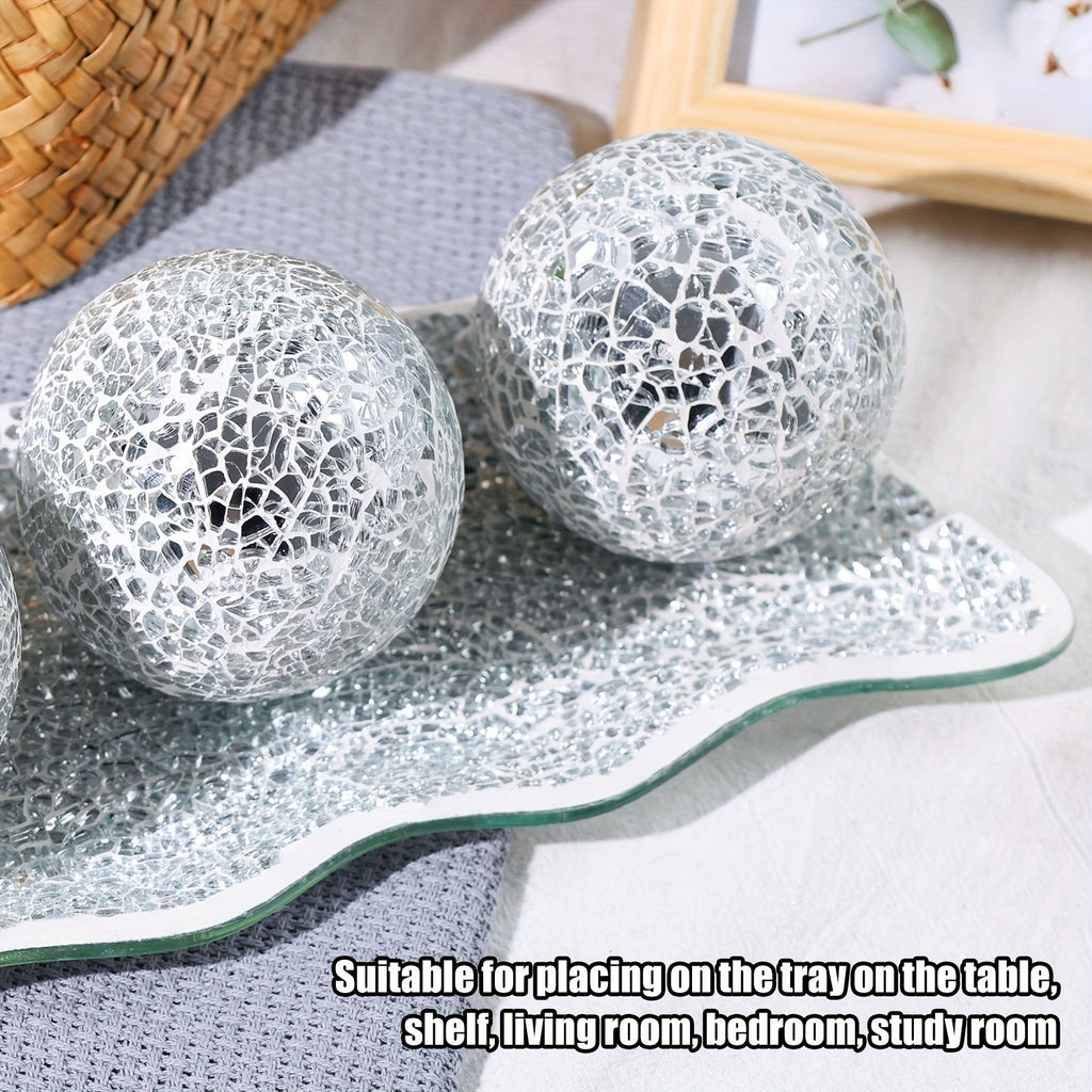 Decorative Glass Balls with Tray, 3-Piece 3-Inch Sphere Set and Glass Display Tray for Coffee Table Centerpieces, Dining Room and Living Room Decor