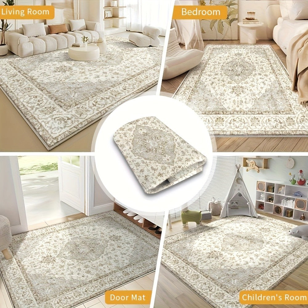 Plush Velvet Floral & Geometric Area Rug - 850 GSM Non-Slip Backing, Machine Washable Polyester - Soft Beige & Cream Design for Living Room, Bedroom, Office - Lightweight Decorative Floor Mat for Game Rooms & Home Decor