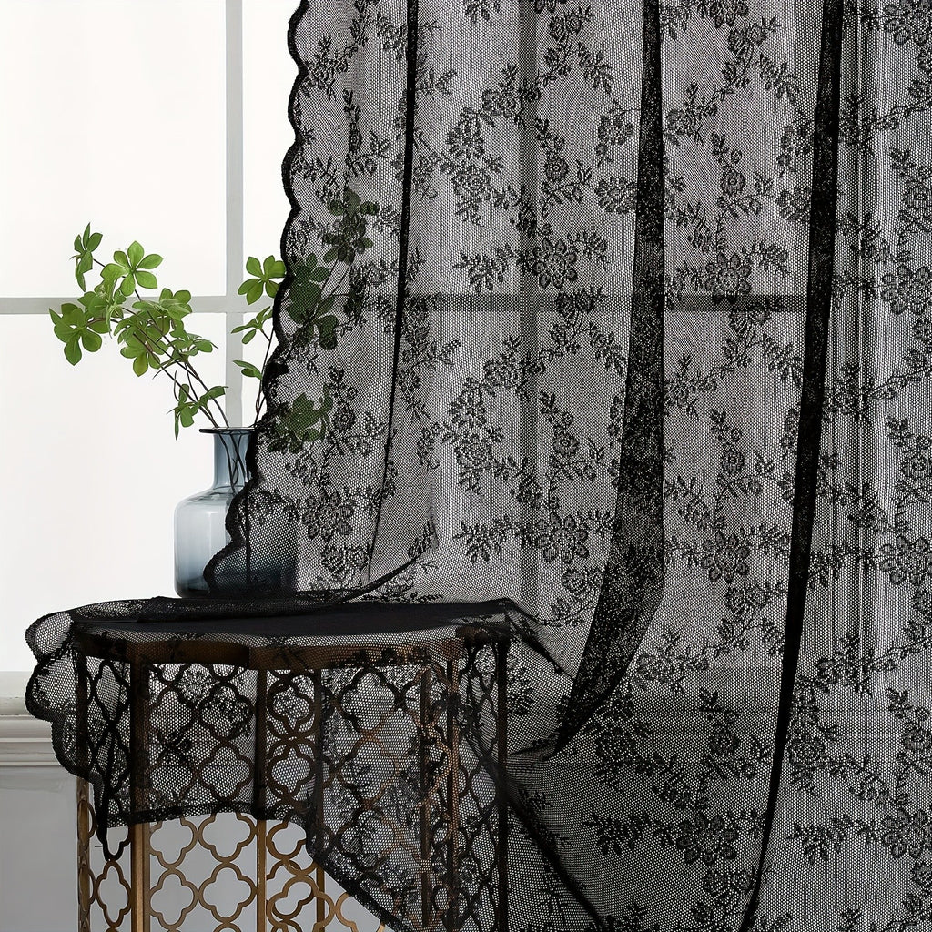 Romantic Pastoral Lace Sheer Curtain for Balcony and Office, Translucent Window Drapery with Floral Pattern, Machine Washable Polyester, Rod Pocket Design - 1pc