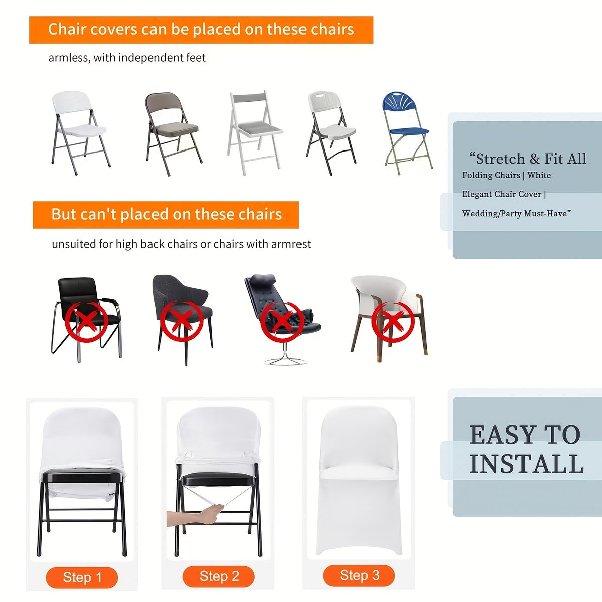 Spandex Folding Chair Covers in Red, White and Black, 10 to 100 Piece Pack Options for Wedding Receptions, Birthday Parties and Holiday Event Decor
