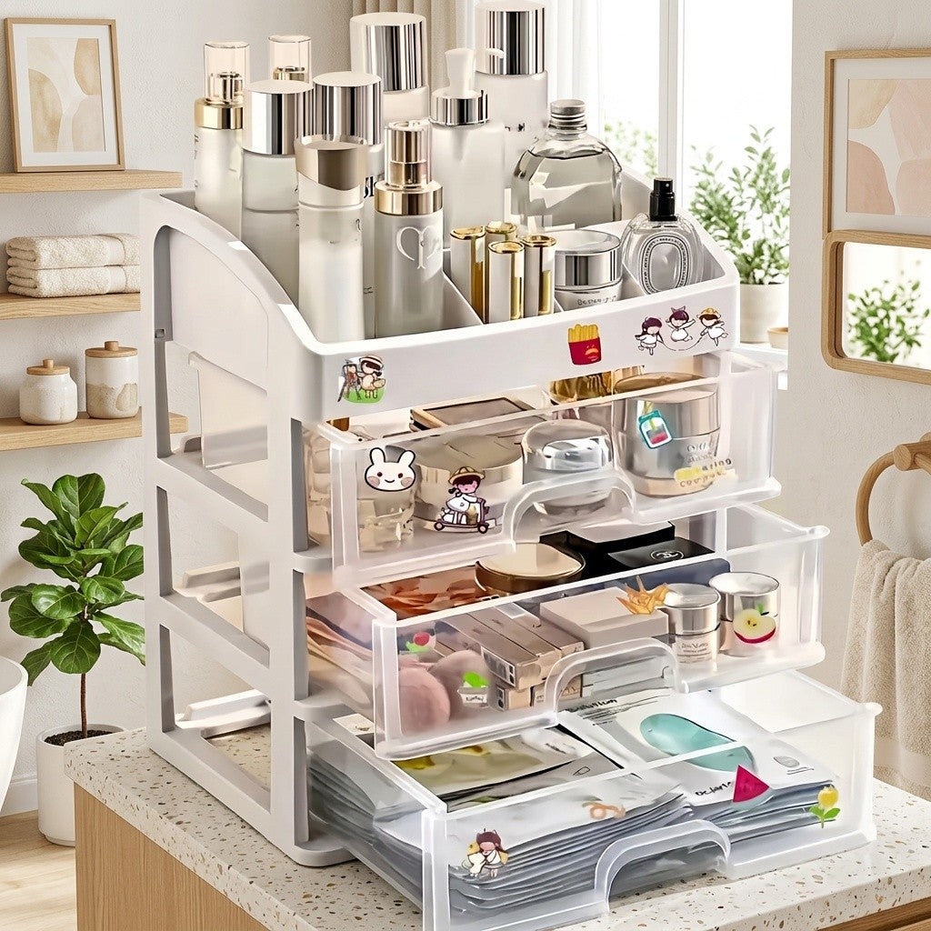 Makeup Storage Organizer with Six Top Compartments and Three Pull-Out Drawers, Four-Layer PP Plastic Cosmetic Holder for Skincare, Vanity and Desk Essentials