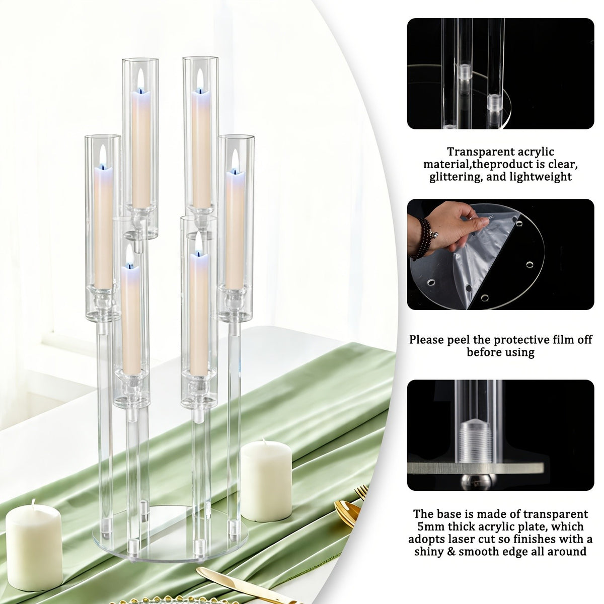 2/4/10/12/20pcs Christmas Acrylic Candleholders For Wedding Bulk, 26.8in Clear Candelabra 6 Arm Candlestick Candle Holder Acrylic For Home Decoration, Party Table Center, Valentine's Day, Anniversary