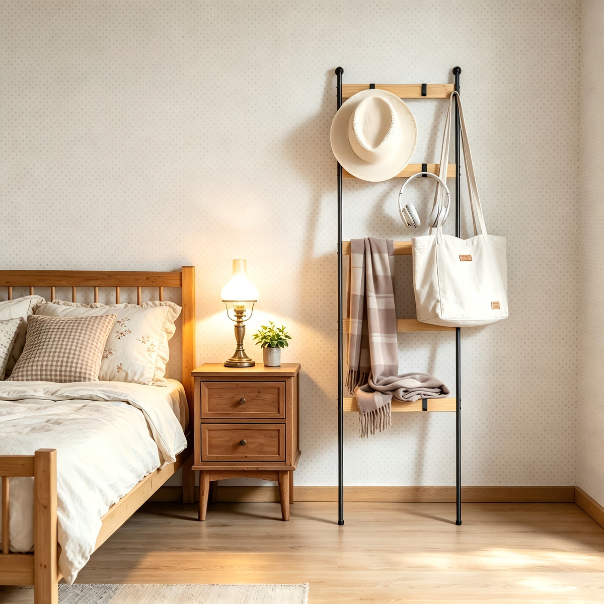 Blanket Ladder, 5 Tier Blanket Holder with 10 Removable Hooks, Farmhouse Style Blanket Ladder for Living Room Bathroom, Decorative Wall Mounted Wooden Quilt Standing Towel Drying Storage Rack