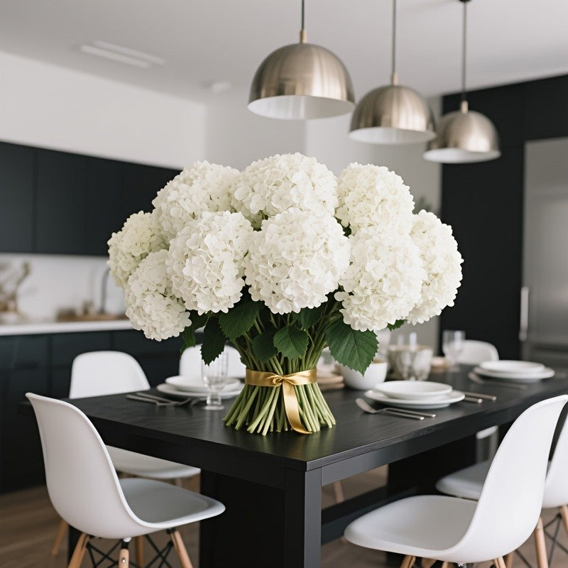 Artificial White Hydrangea Flowers Set of 6, UV-Resistant Faux Blooms with Green Leaves for Weddings, Porch, Garden and Home Decor