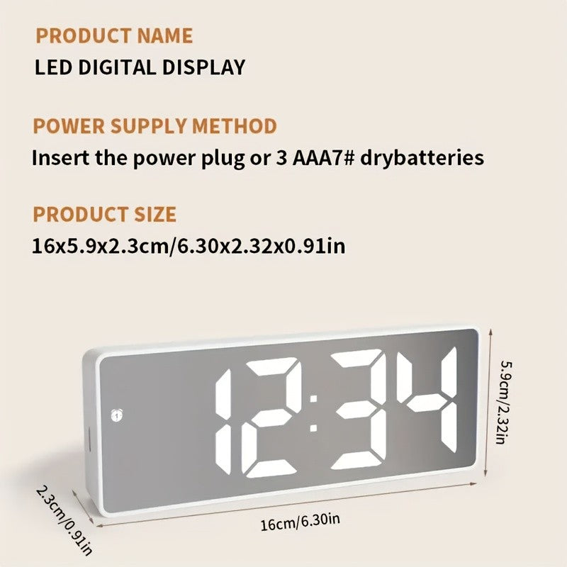 White LED Desk Clock with Mirror-Style Face, Temperature Display, Adjustable Brightness, Night Mode and Snooze for Bedroom and Bedside Decor