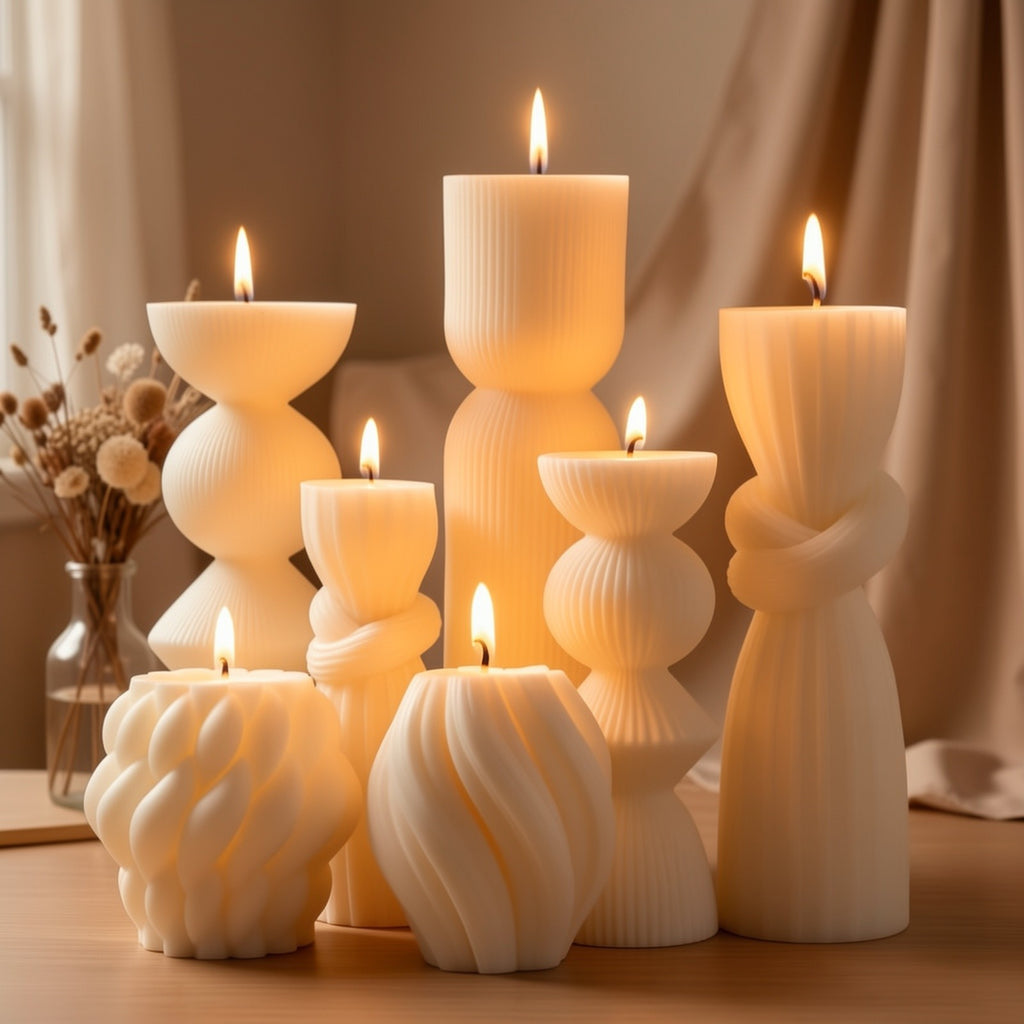 7-Pack Large Ribbed Pillar Candles - Soy Wax Handmade Home Decor Candles For Housewarming Gift, Shelf Decor, Wedding, Dining Table Centerpiece