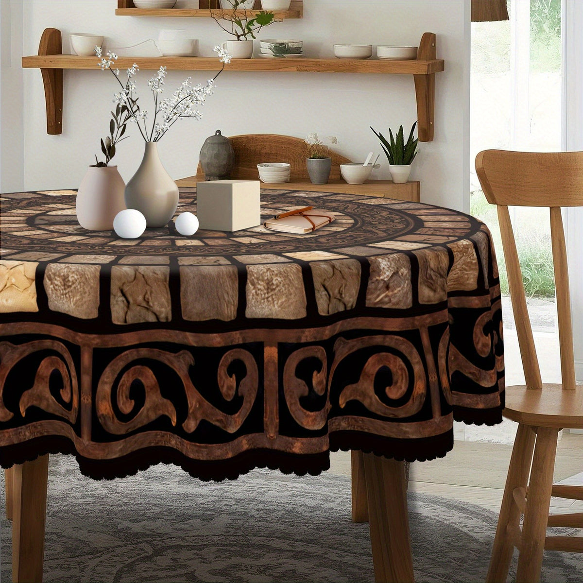Brown Floral Tablecloth, Vintage Stone-Pattern Polyester Table Cover in Round and Rectangular Sizes for Rustic Dining Room and Traditional Home Decor