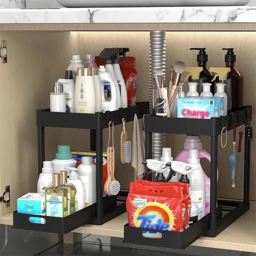 Under Sink Organizer 2 Pack with 8 Hooks, Two-Tier Cabinet Storage Racks for Kitchen and Bathroom, Pull-Out or Fixed Basket Options