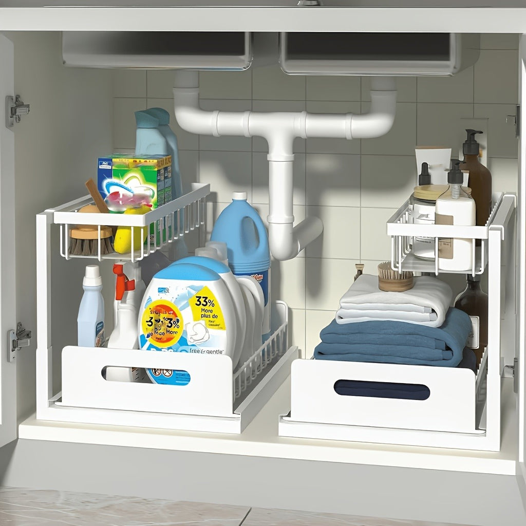 Under Sink Pull-Out Cabinet Organizer, Two-Tier Metal Storage Rack with Sliding Lower Basket in Black or White, 1 or 2 Units for Kitchen and Bathroom