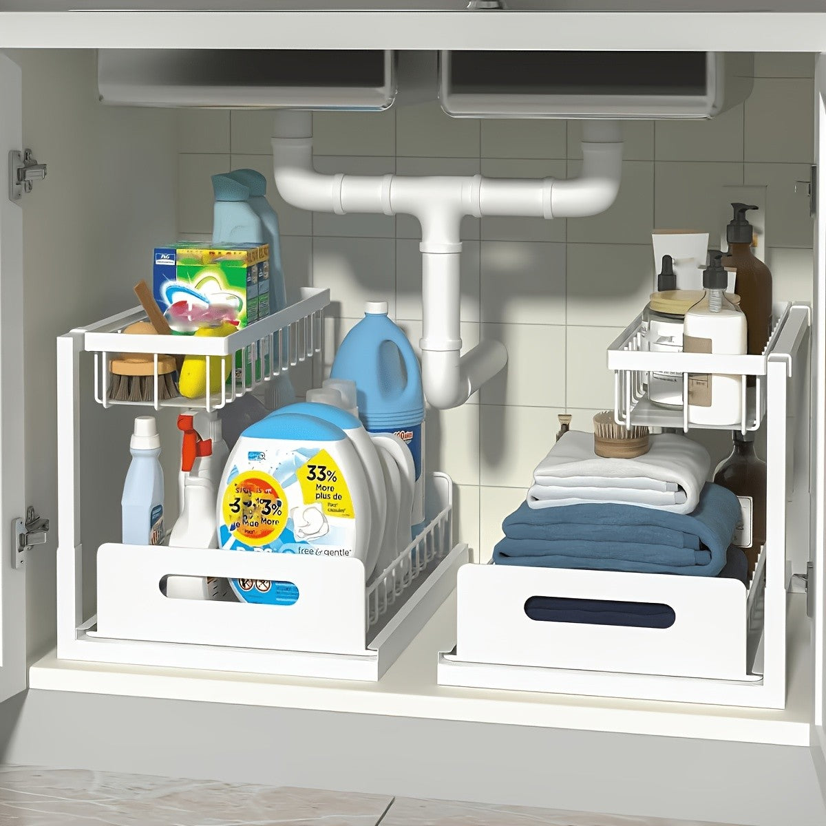 Under Sink Pull-Out Cabinet Organizer, Two-Tier Metal Storage Rack with Sliding Lower Basket in Black or White, 1 or 2 Units for Kitchen and Bathroom
